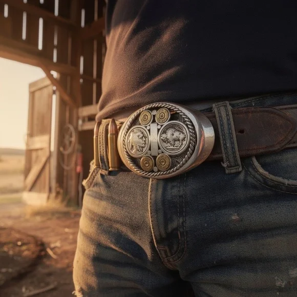 Vintage custom belt buckle featuring Buffalo nickels and brass bullet casings - Picture 3 of 14